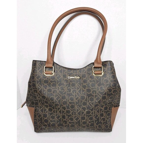 Calvin Klein Tote Handbag Purse RN 54163 Triple Compartment Monogram Satchel